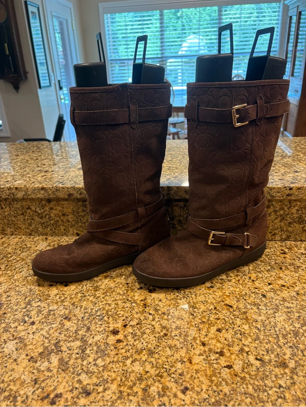 Coach Thelma Mahogany Brown Suede Monogram Faux Fur Buckle Boots Womens 9